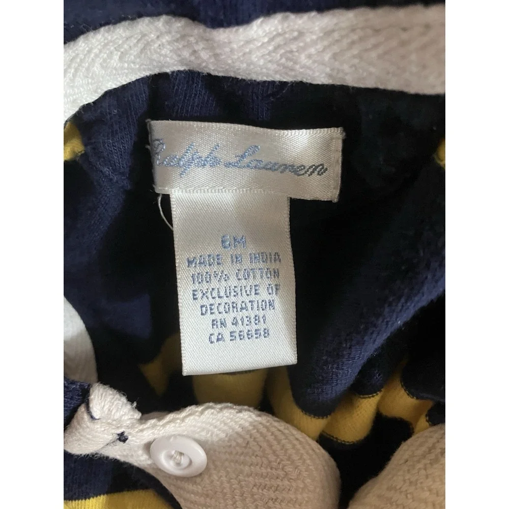 Ralph Lauren Baby Romper One-Piece Hooded Rugby Navy Yellow Stripe Size 6 Months